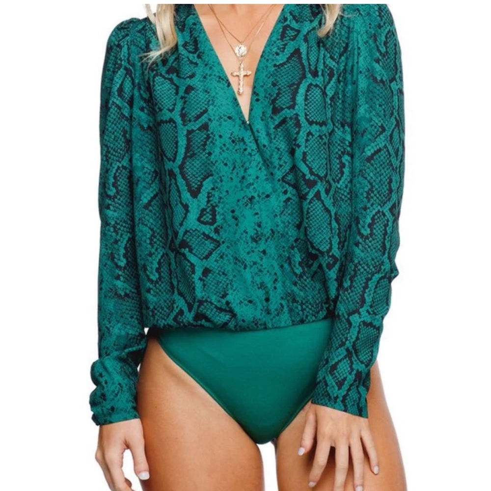 Buddy Love Surplice Animal Print Green Bodysuit